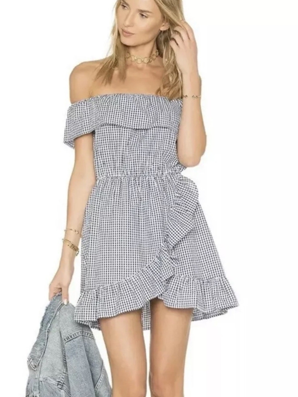 Lovers + Friends Dazzling Navy Gingham Off Shoulder Ruffle Mini Dress XS Cottage